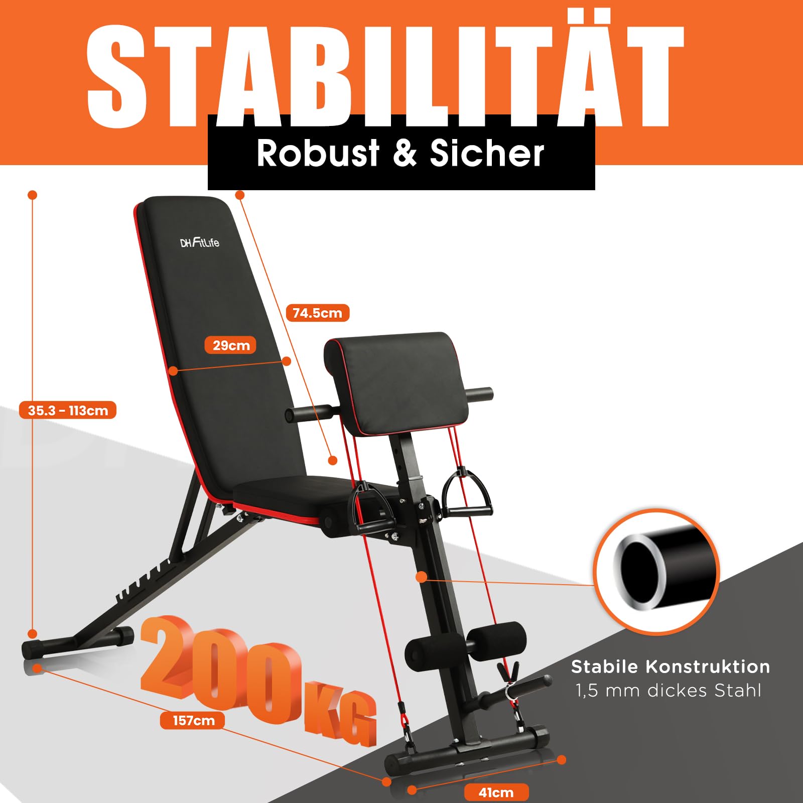 DH FitLife Hantelbank klappbar mit Curlbank & Beinstrecker | Weight Bench | Trainingsbank Fitnessbank multifunktional | Bauchtrainer 7 Stufen verstellbar