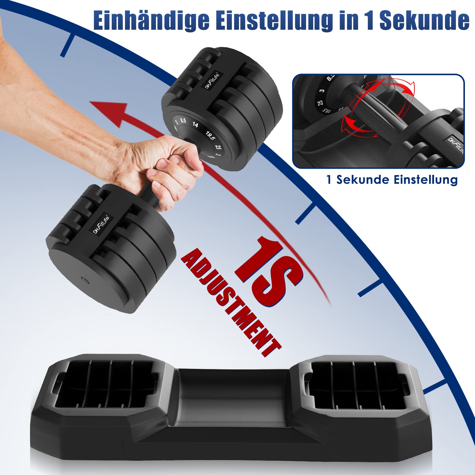 DH FitLife verstellbare Hanteln 3 bis 25 KG mit Abstellbasis für Frauen & Männer Krafttraining, Kurzhanteln Set mit Hantelscheiben platzsparend für Heimtraining, variable Gewichte, 2er Set