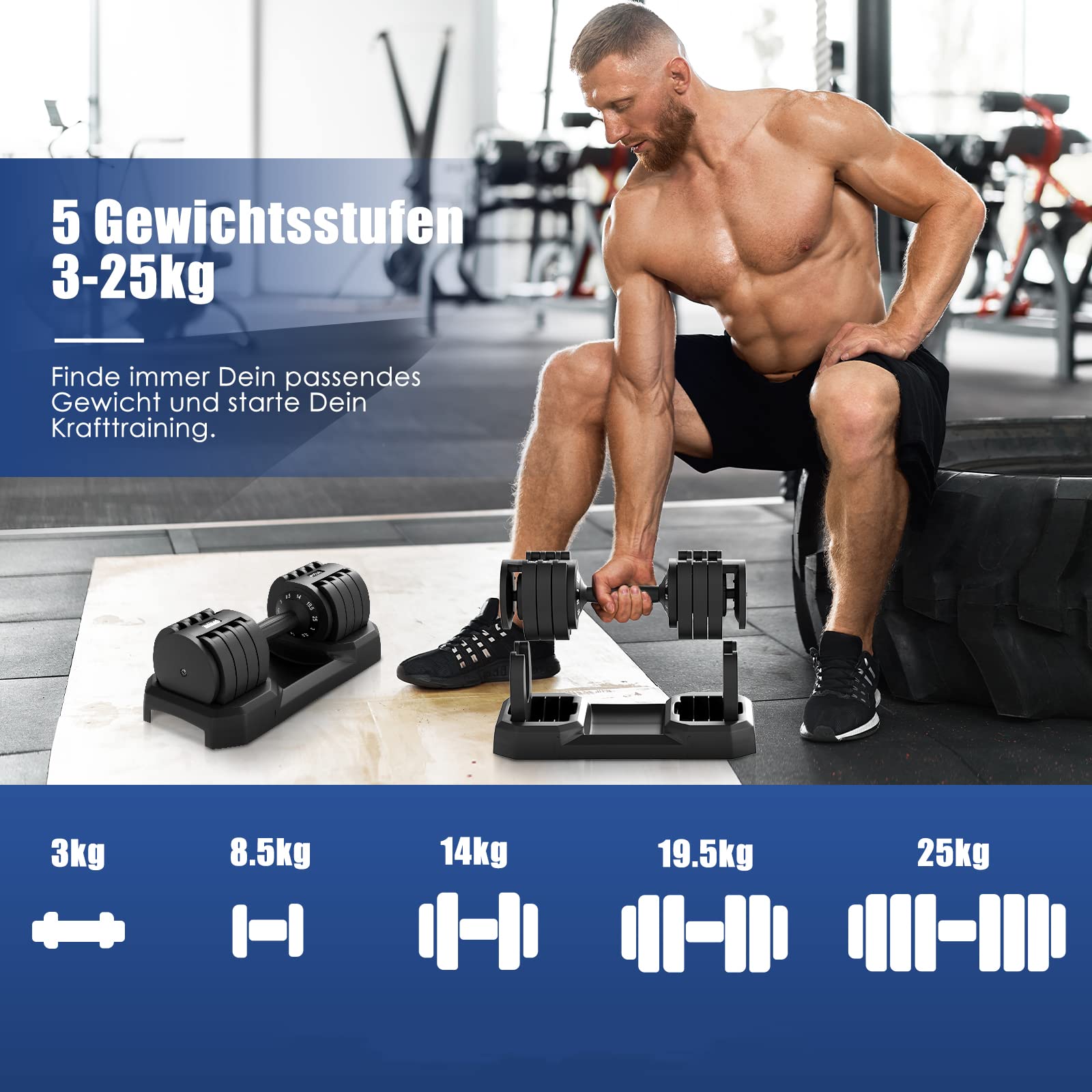 DH FitLife verstellbare Hanteln 3 bis 25 KG mit Abstellbasis für Frauen & Männer Krafttraining, Kurzhanteln Set mit Hantelscheiben platzsparend für Heimtraining, variable Gewichte, 2er Set