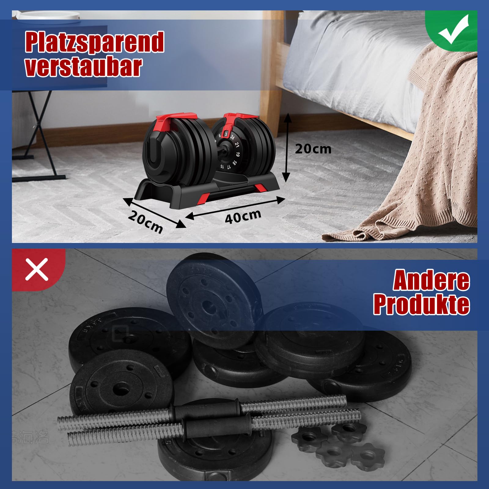 DH FitLife 24kg verstellbare Hantel 3 bis 24 kg mit 12 Gewichtsstufen, Kurzhantel mit Hantelscheiben, verstellbare Kurzhantel, variable Gewichte 12 in 1 (1 Stück)