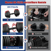 DH FitLife 24kg verstellbare Hantel 3 bis 24 kg mit 12 Gewichtsstufen, Kurzhantel mit Hantelscheiben, verstellbare Kurzhantel, variable Gewichte 12 in 1 (1 Stück)