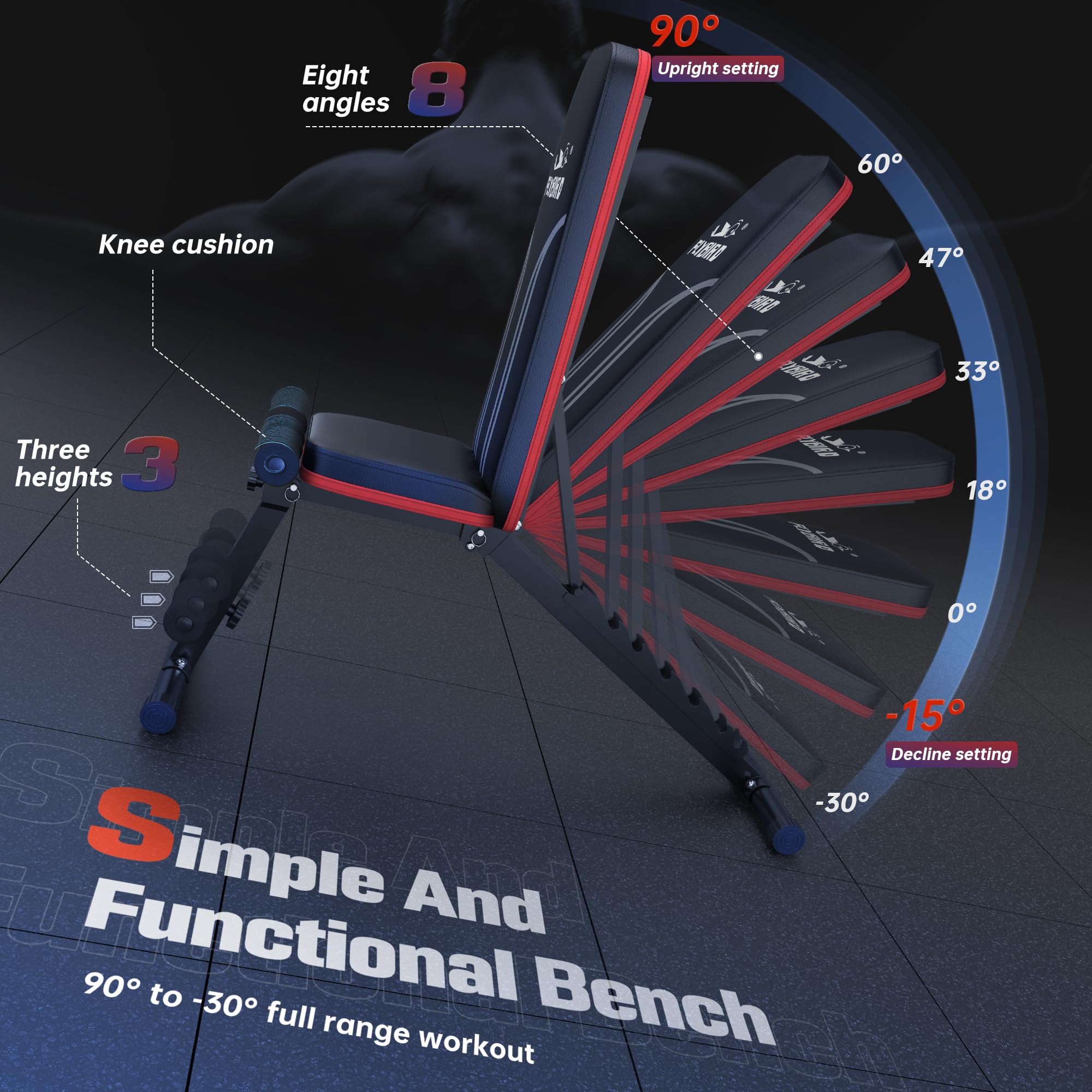 FLYBIRD Multifunktionale Hantelbank, 8-Fach Verstellbare Rückenlehne/3-Fach Verstellbare Fußstütze, 317 kg Belastbarkeit, Klappbare Trainingsbank mit 90° für das Heim-Fitnessstudio
