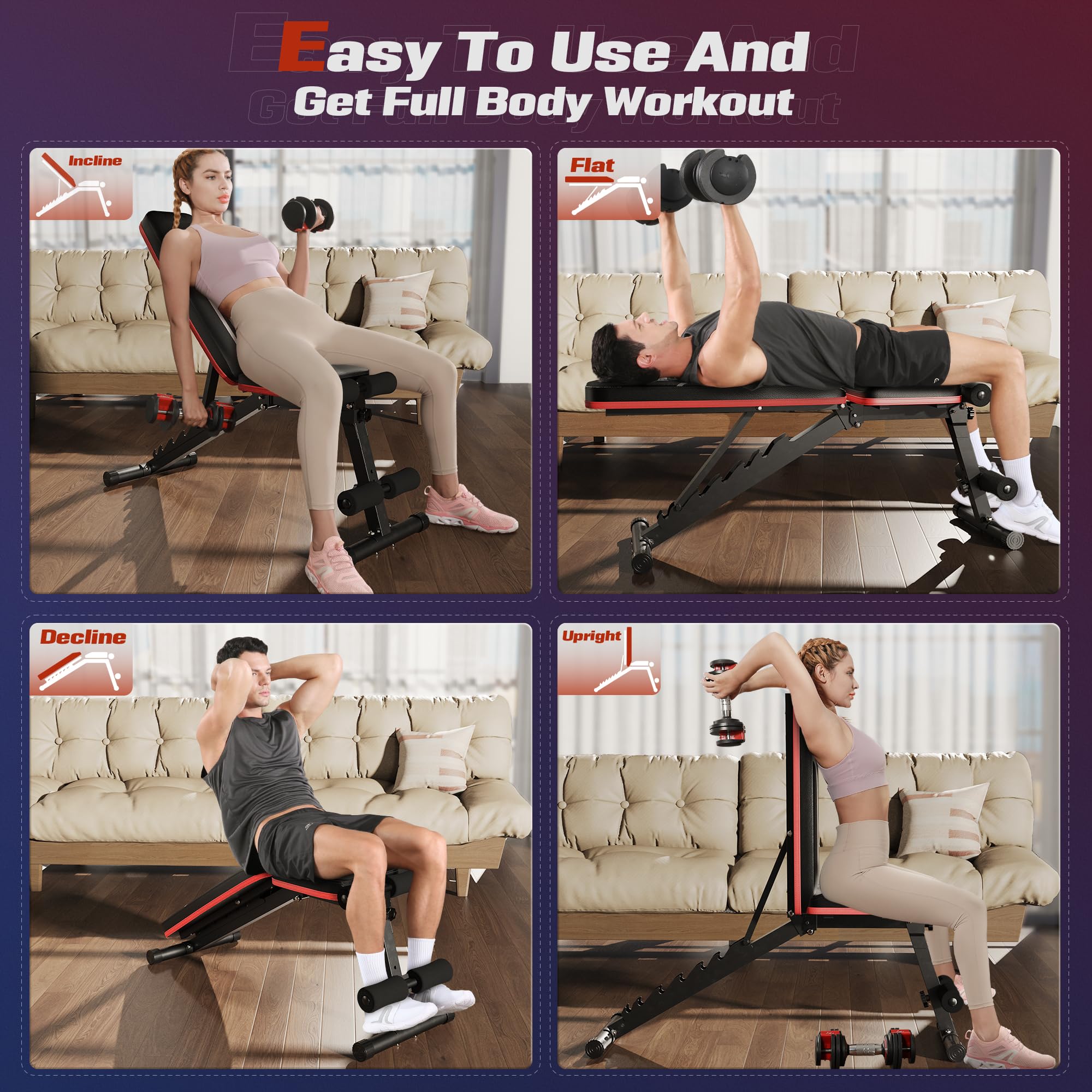 FLYBIRD Multifunktionale Hantelbank, 8-Fach Verstellbare Rückenlehne/3-Fach Verstellbare Fußstütze, 317 kg Belastbarkeit, Klappbare Trainingsbank mit 90° für das Heim-Fitnessstudio