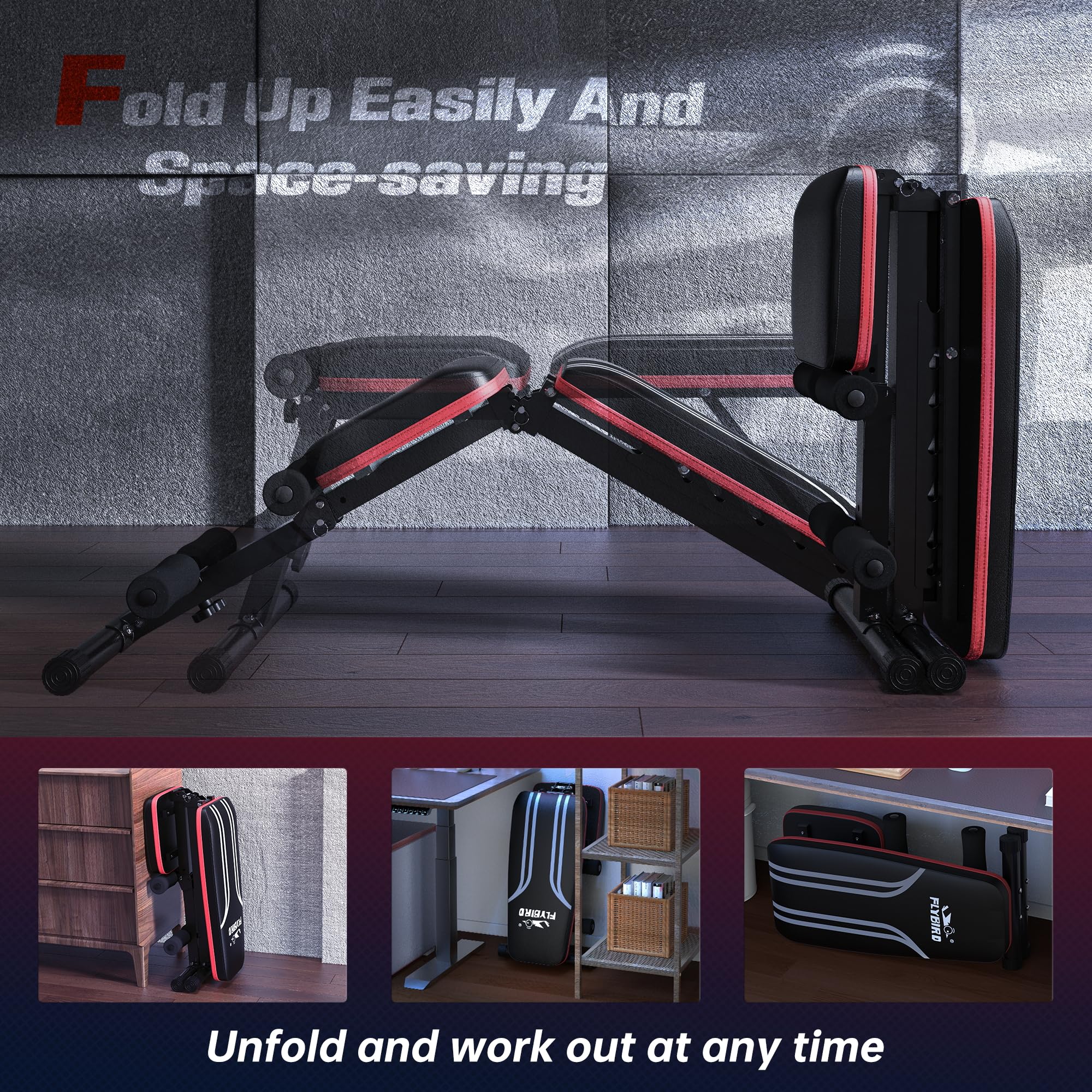 FLYBIRD Multifunktionale Hantelbank, 8-Fach Verstellbare Rückenlehne/3-Fach Verstellbare Fußstütze, 317 kg Belastbarkeit, Klappbare Trainingsbank mit 90° für das Heim-Fitnessstudio